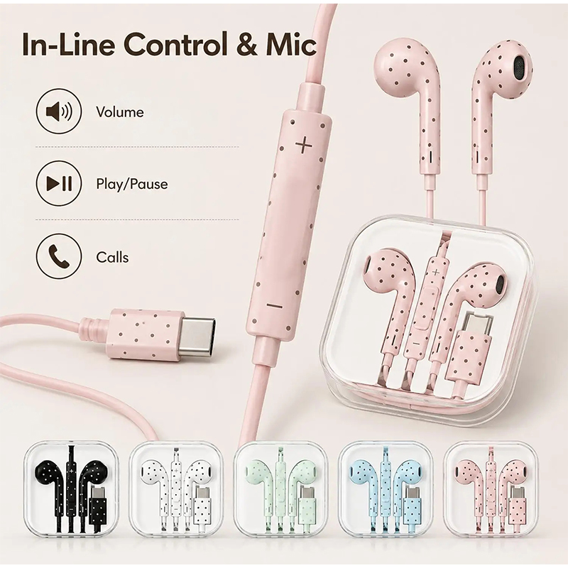 Type C Earphones Polka Dot Sta - Type C Wired Earphones With Mic 评论和价格