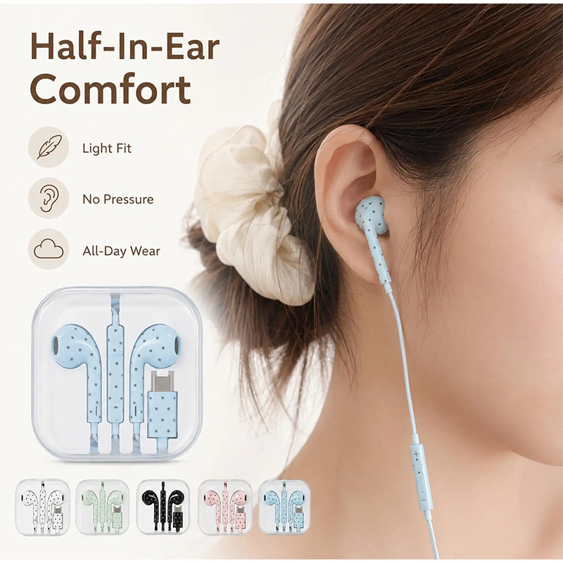 Type C Earphones Polka Dot Sta - Type C Wired Earphones With Mic 评论和价格